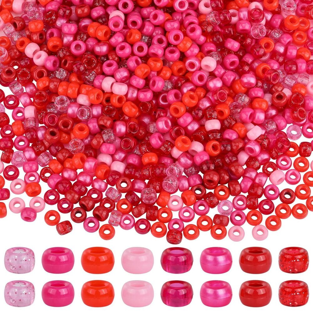 5895 1600Pcs 6x9mm Pony Beads Bulk 8 Styles Red Pink Bead Barrel Glitter